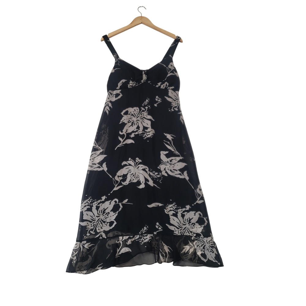 Vintage 90s Floral Midi Dress Womens 10 Black White Chiffon Y2K Whimsigoth Boho